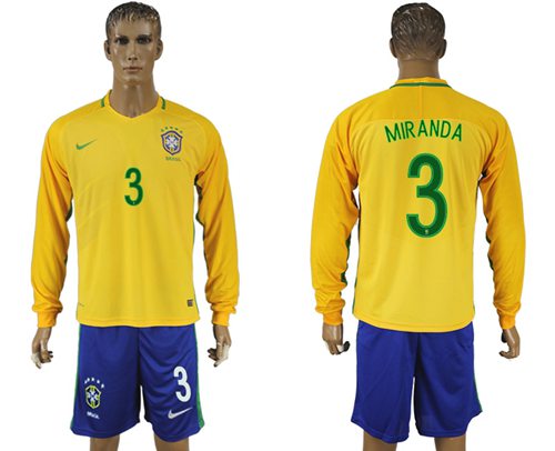 Brazil #3 Miranda Home Long Sleeves Soccer Country Jersey